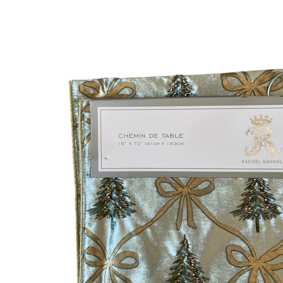 RACHEL ASHWELL Beaded Christmas Tree Bow Table Runner 16x90 Mint Green Gold NEW - Picture 16 of 16